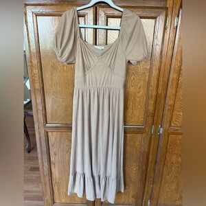 Caution to the Wind Ribbed Puff Sleeve Tiered Maxi Dress Tan Beige Women’s Large